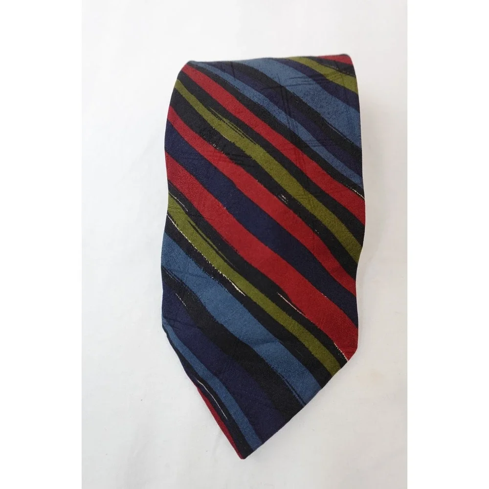 Vintage Bugatti Tie 100% Italian Silk Striped Red‎ Blue Green Mens Necktie